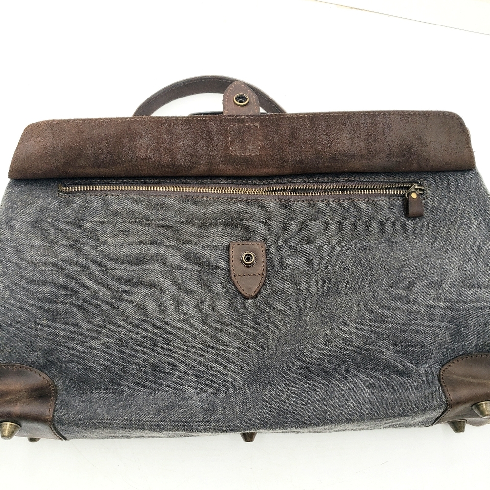 Cosset Calf Leather Canvas Messenger Bag Mens Womens Brown Grey Unisex Studded - Picture 9 of 16